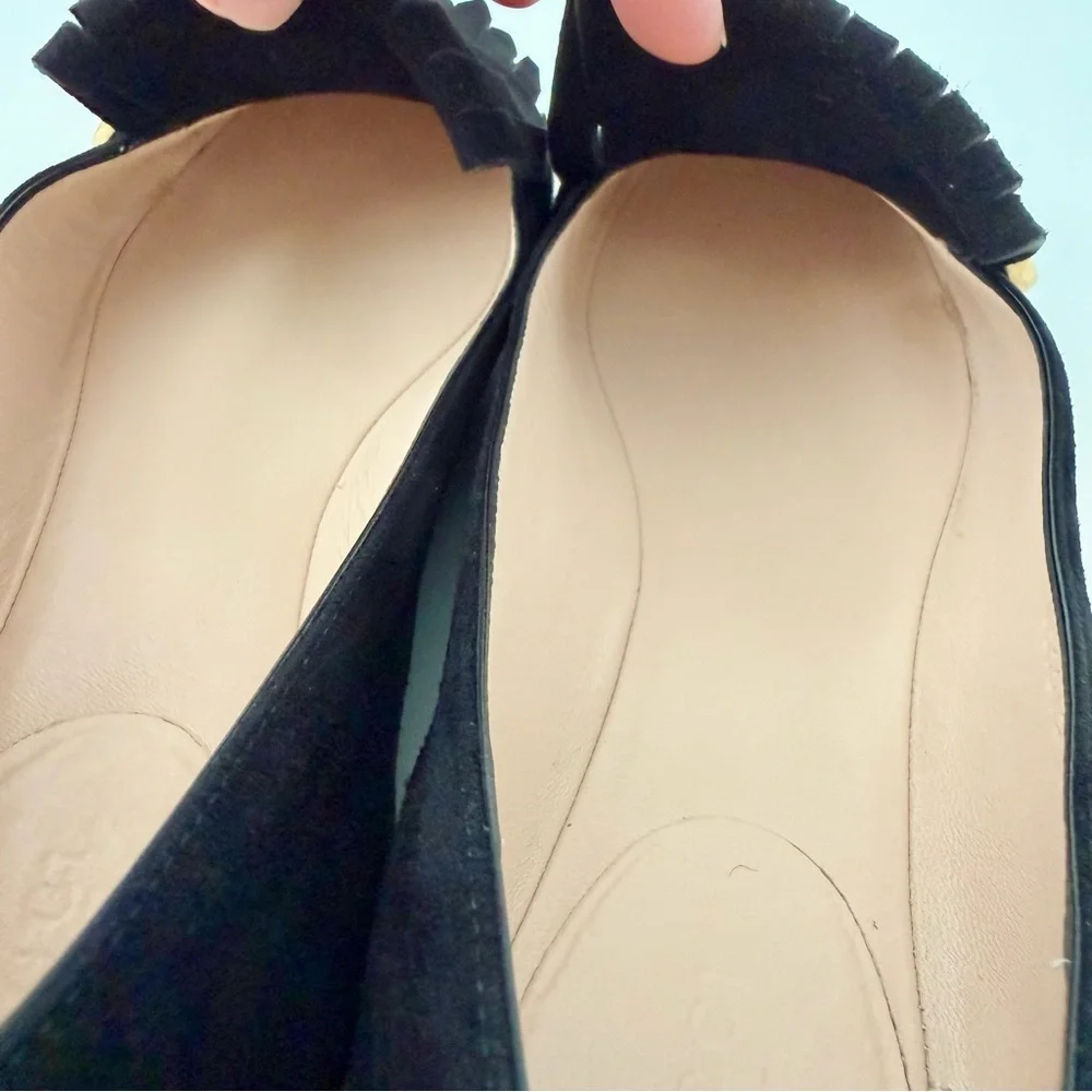 GUCCI‎ | Marmont GG Fringe Suede Ballet Flats Black Gold Logo Size 37